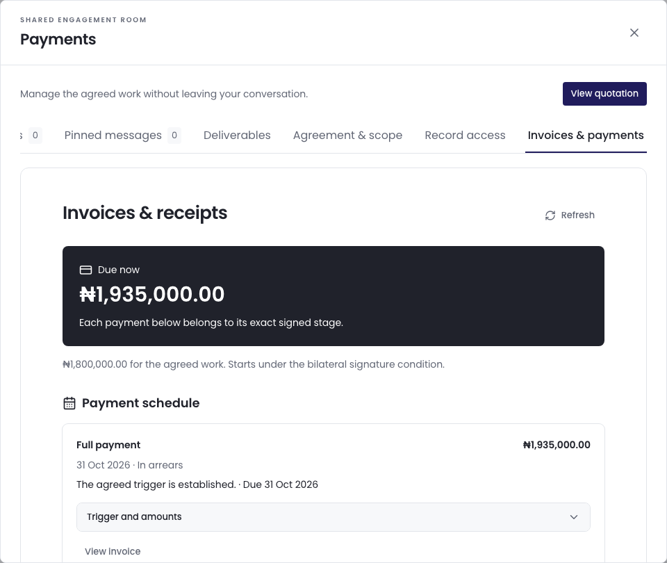 Invoices and receipts in the conversation, with the amount due now and the payment schedule.