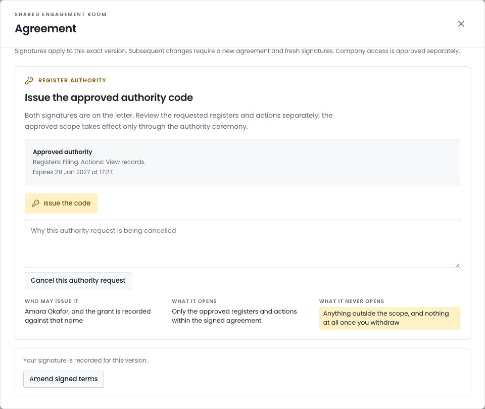 The Register authority panel after approval, reading Issue the approved authority code, with the Issue the code button.