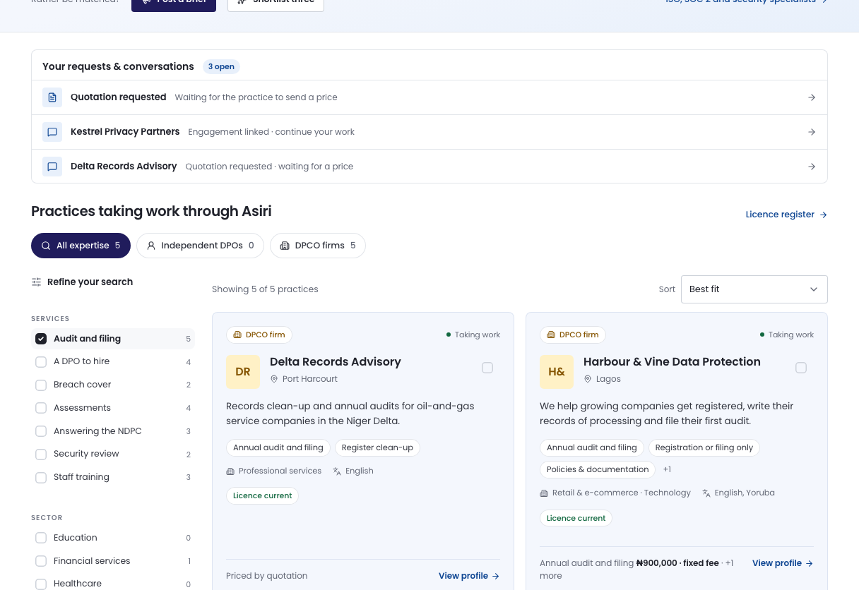 The list of practices taking work through Asiri, with the kind tabs, Sort, and Audit and filing ticked under Refine your search.