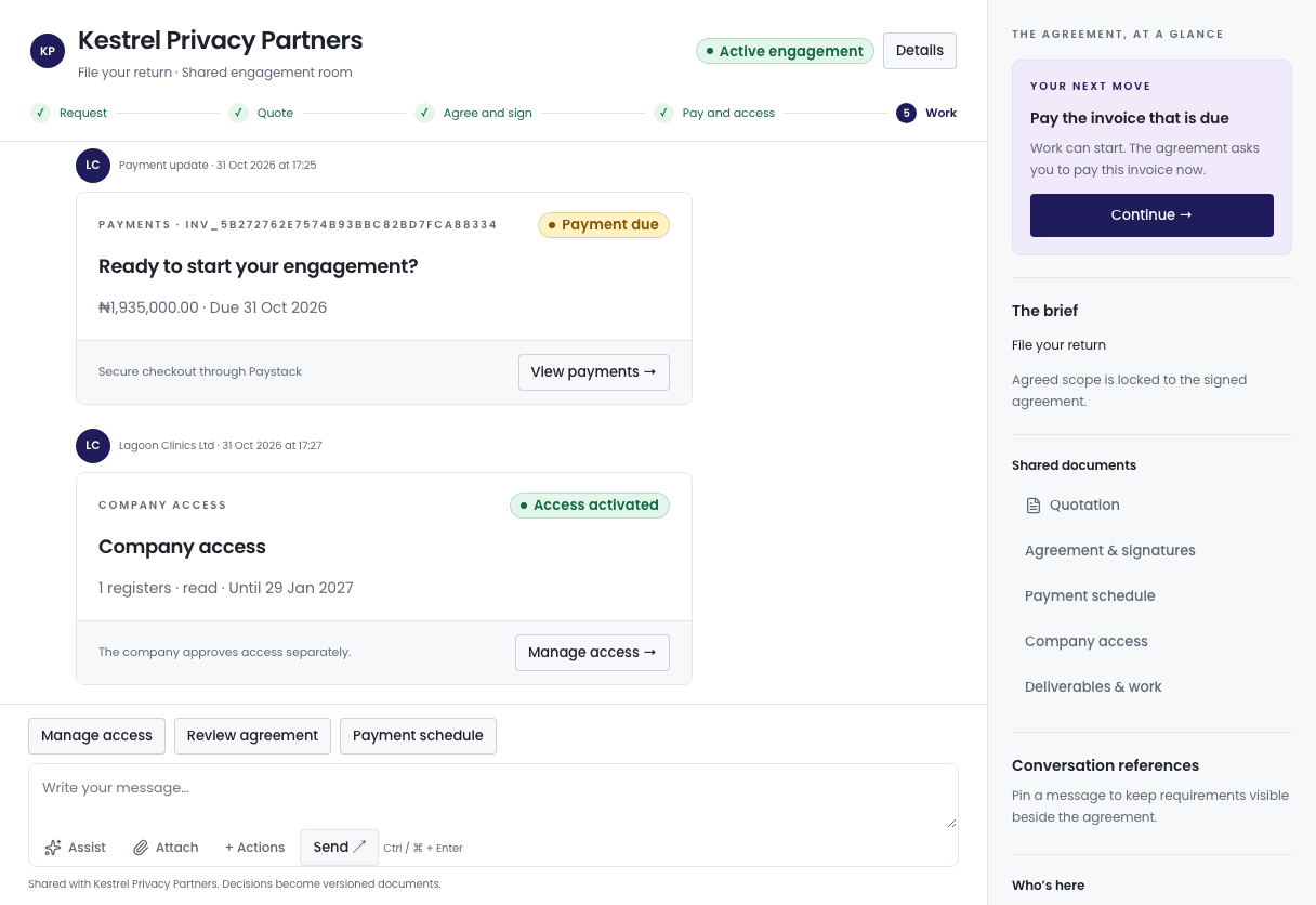 The conversation with Your next move reading Pay the invoice that is due and the Continue button.