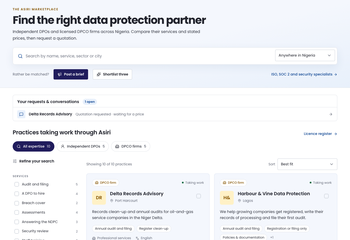The marketplace page headed Find the right data protection partner, with the search box, the place list and the practices taking work through Asiri.