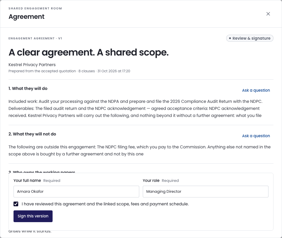 The end of the agreement with Your full name filled in, Your role, the review tick and the Sign this version button.