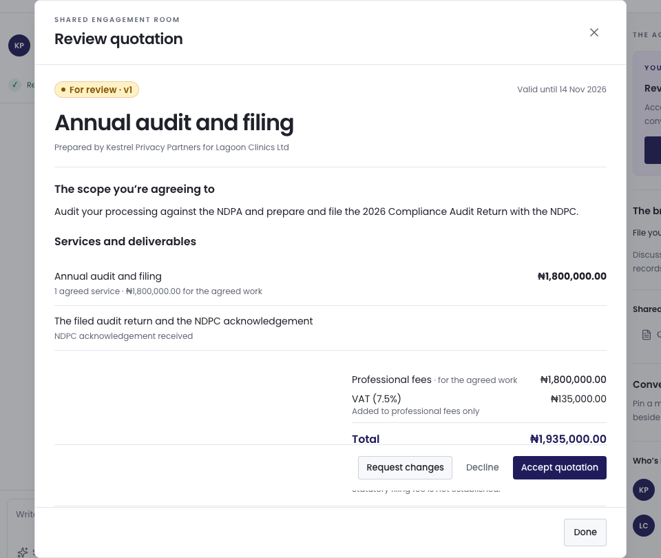 The quotation open for review, with the scope you are agreeing to, the services and deliverables and the fees.