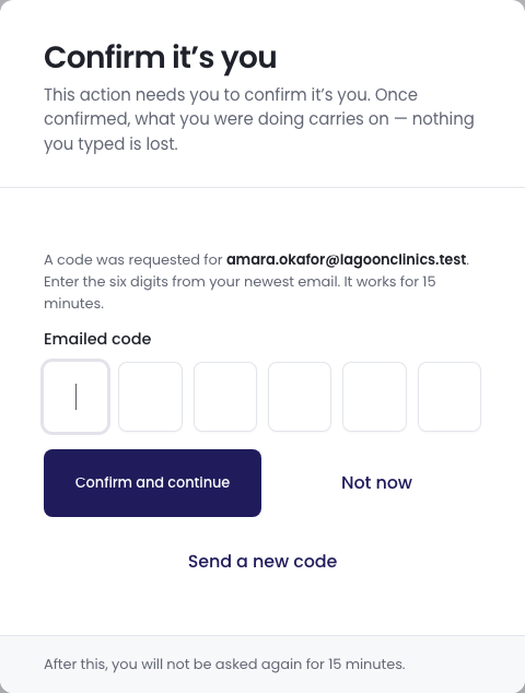 The Confirm it’s you box with six boxes for the emailed code, Confirm and continue, Not now and Send a new code.